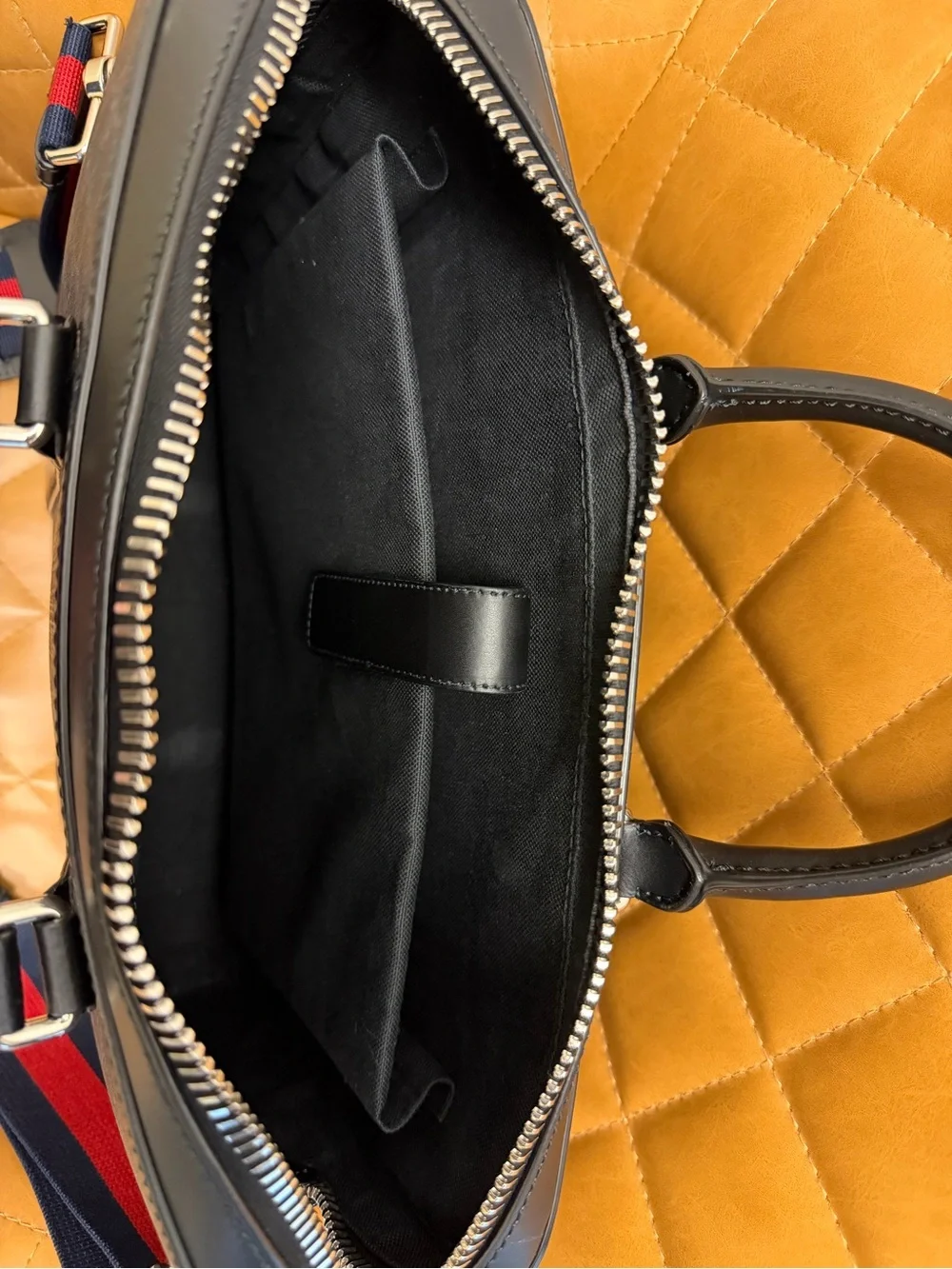 Gucci Black GG Supreme Laptop Bag with Navy & Red Web Strap
